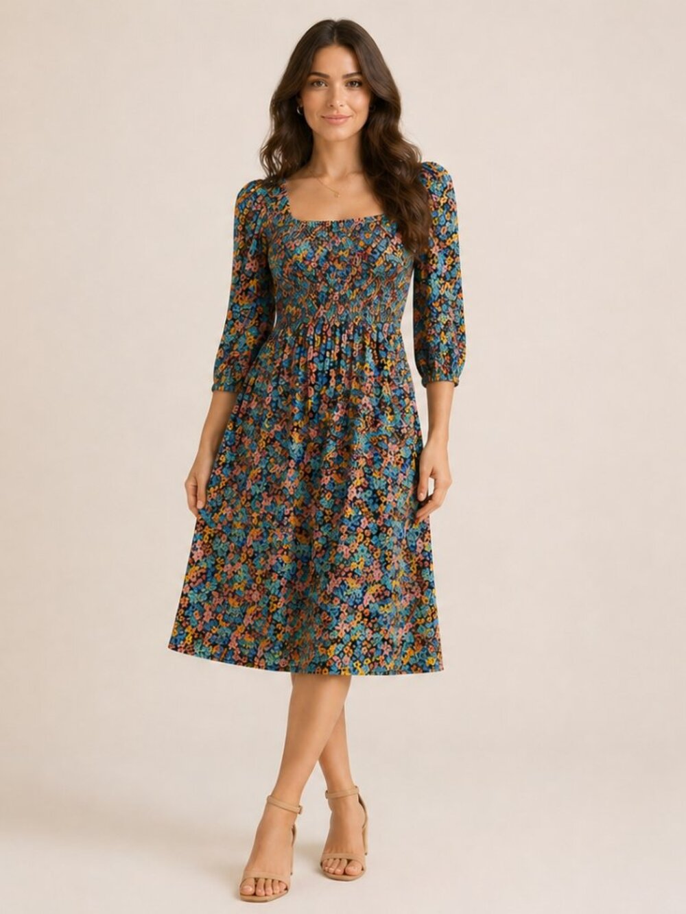 Colorful Floral Smocked Tiered Mini Dress Women's XL 16-18 Boho Cotton Easter
